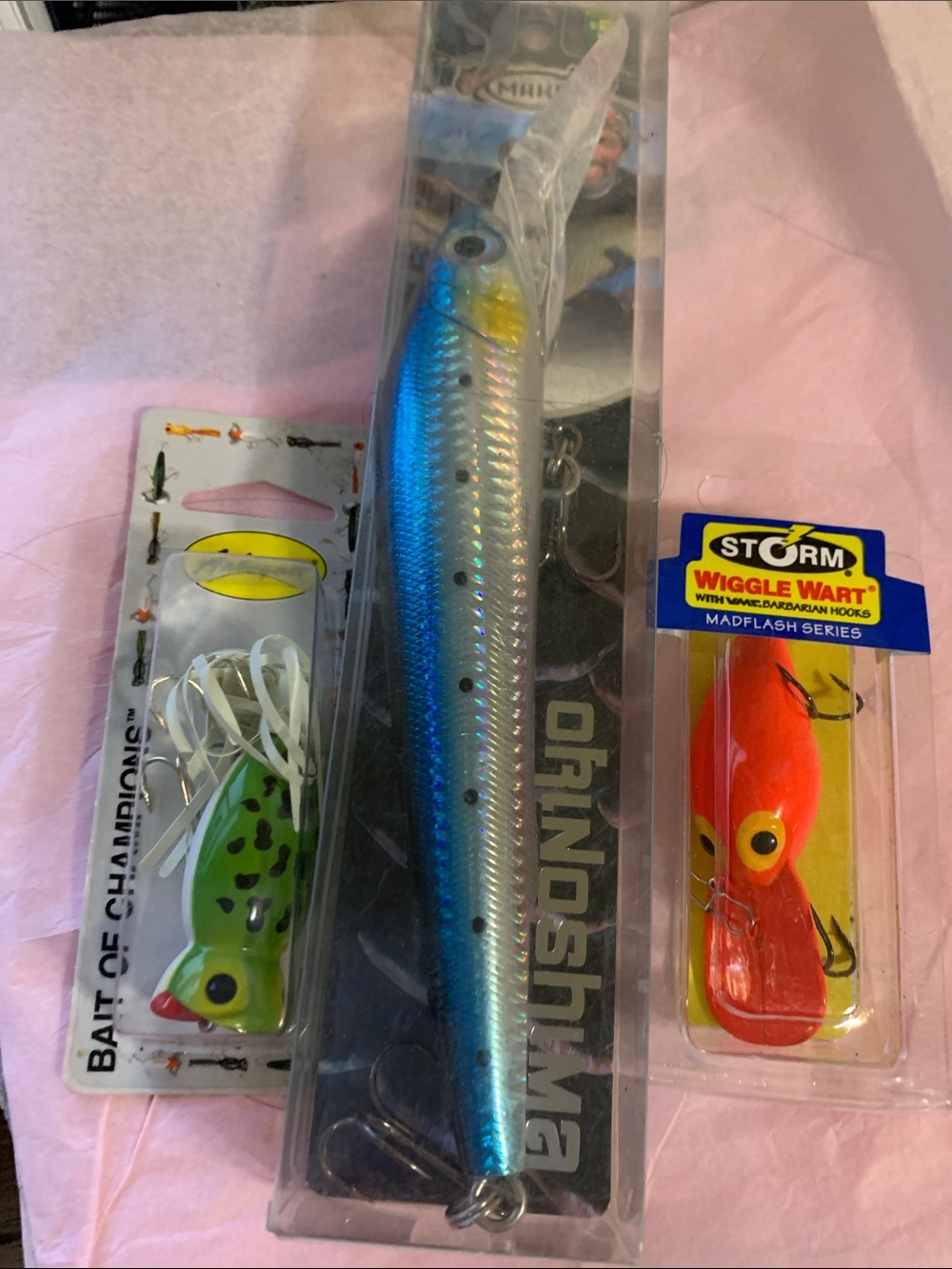 Shimano Blue and Silver Shad-Style Fishing Lure. Three fishing tackle in all.